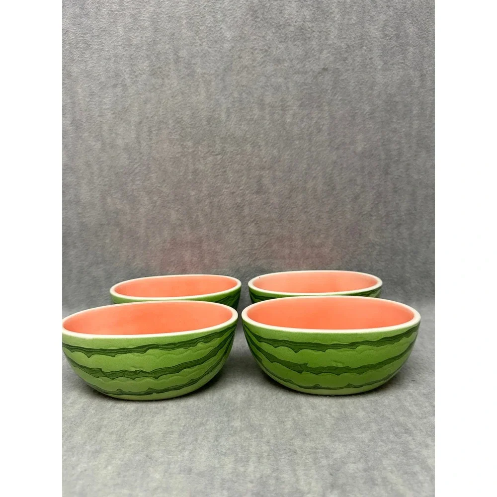 Vintage Watermelon Ceramic Bowls Green Pink Set of 4 Oval Fruit‎ Design Japan